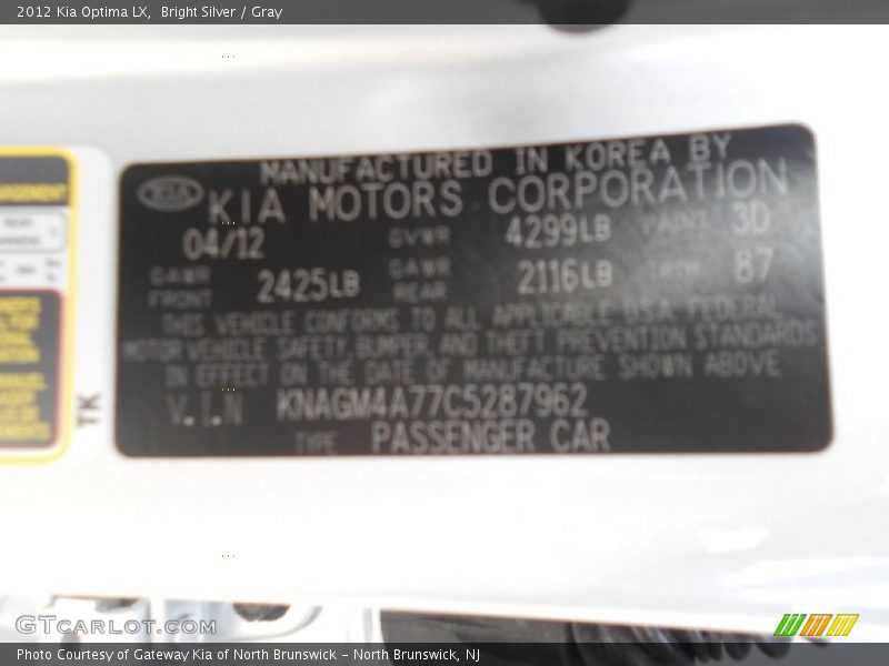 2012 Optima LX Bright Silver Color Code 3D