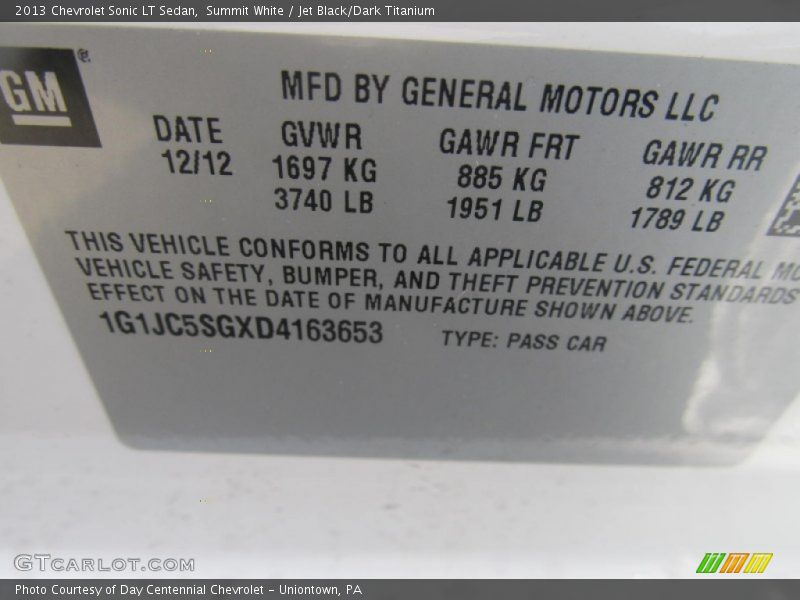 Summit White / Jet Black/Dark Titanium 2013 Chevrolet Sonic LT Sedan