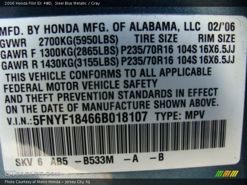 Steel Blue Metallic / Gray 2006 Honda Pilot EX 4WD