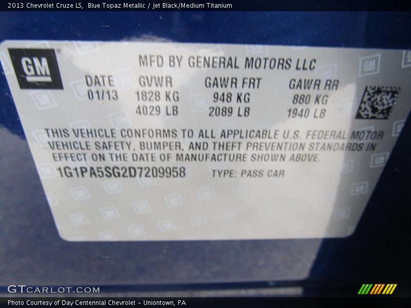 Blue Topaz Metallic / Jet Black/Medium Titanium 2013 Chevrolet Cruze LS