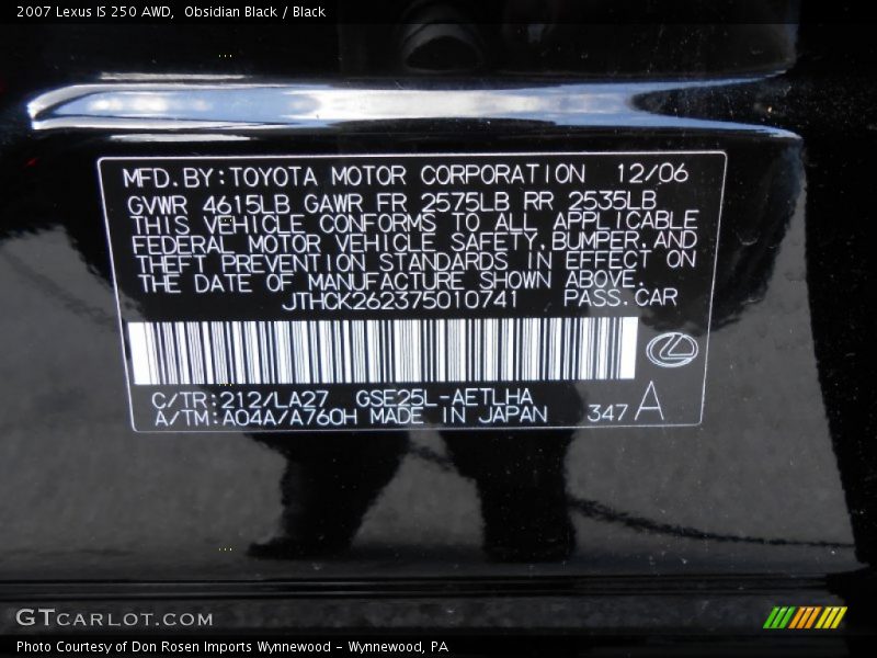 2007 IS 250 AWD Obsidian Black Color Code 212
