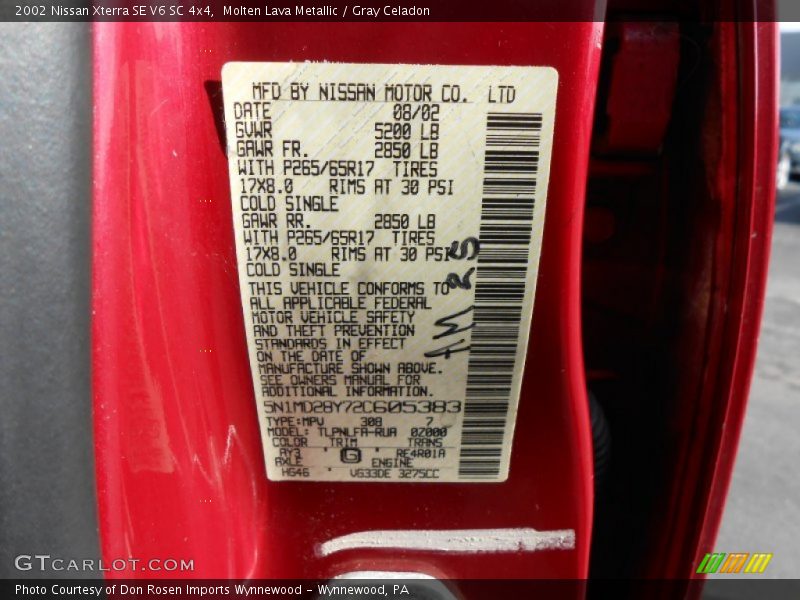 2002 Xterra SE V6 SC 4x4 Molten Lava Metallic Color Code AY3