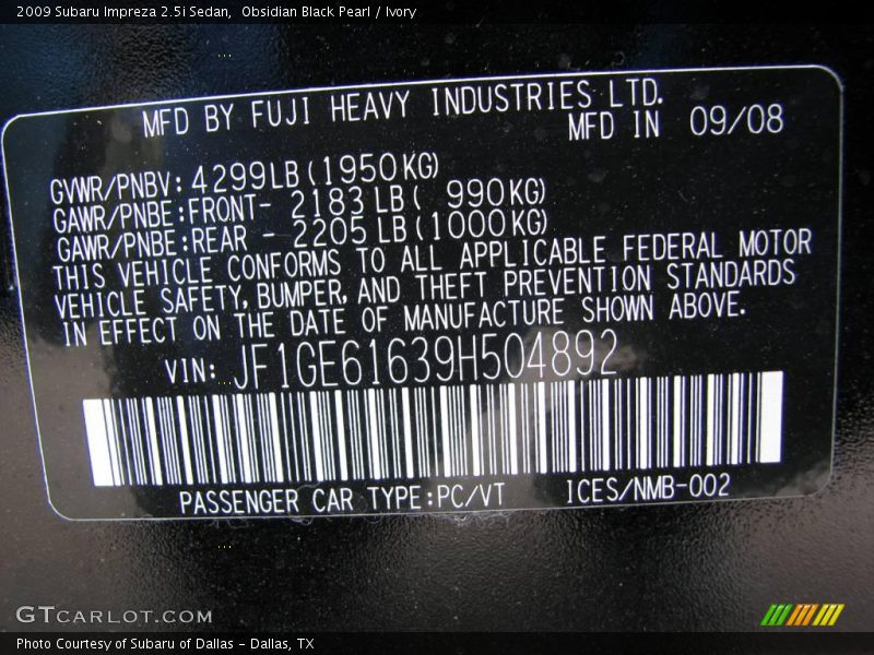 Obsidian Black Pearl / Ivory 2009 Subaru Impreza 2.5i Sedan