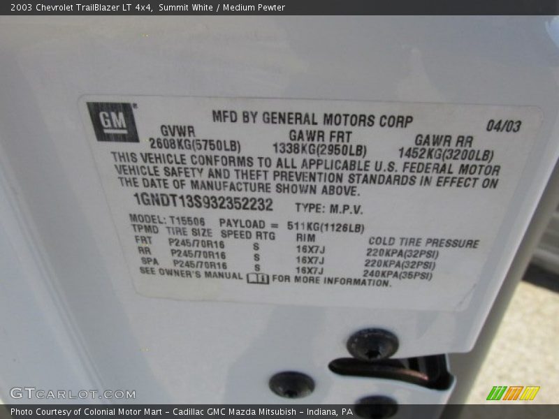 Summit White / Medium Pewter 2003 Chevrolet TrailBlazer LT 4x4