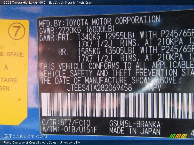 Blue Streak Metallic / Ash Gray 2008 Toyota Highlander 4WD