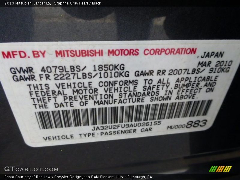 Graphite Gray Pearl / Black 2010 Mitsubishi Lancer ES