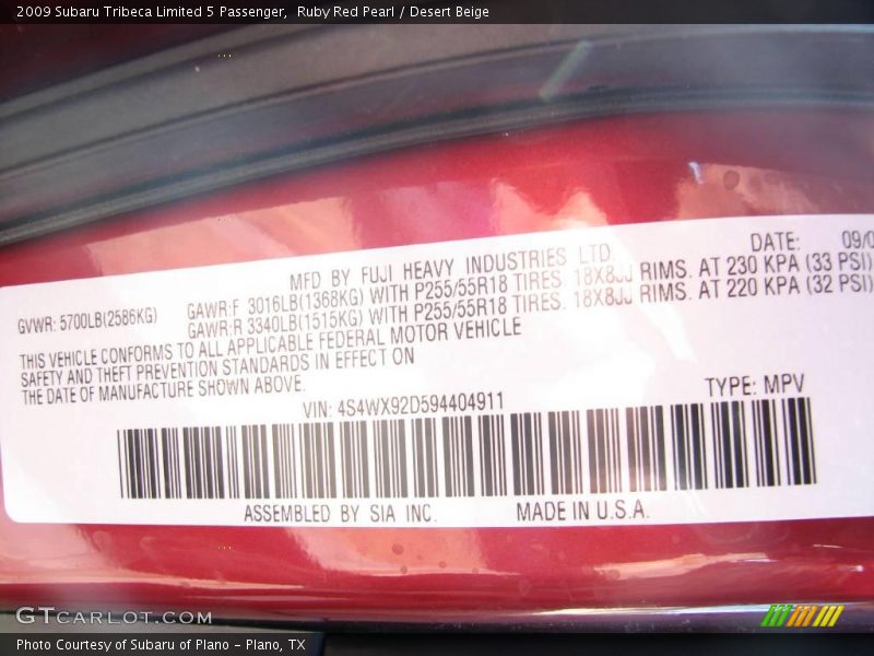 Ruby Red Pearl / Desert Beige 2009 Subaru Tribeca Limited 5 Passenger