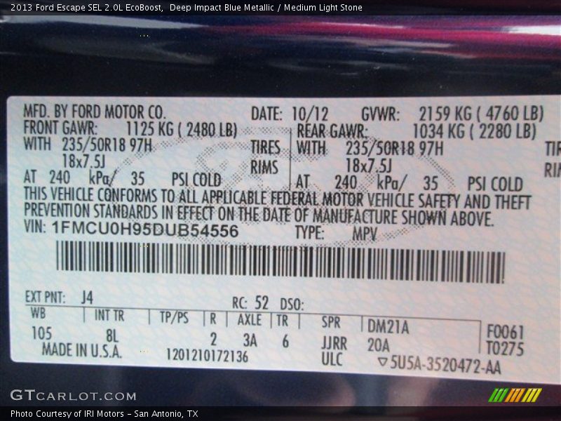 2013 Escape SEL 2.0L EcoBoost Deep Impact Blue Metallic Color Code J4