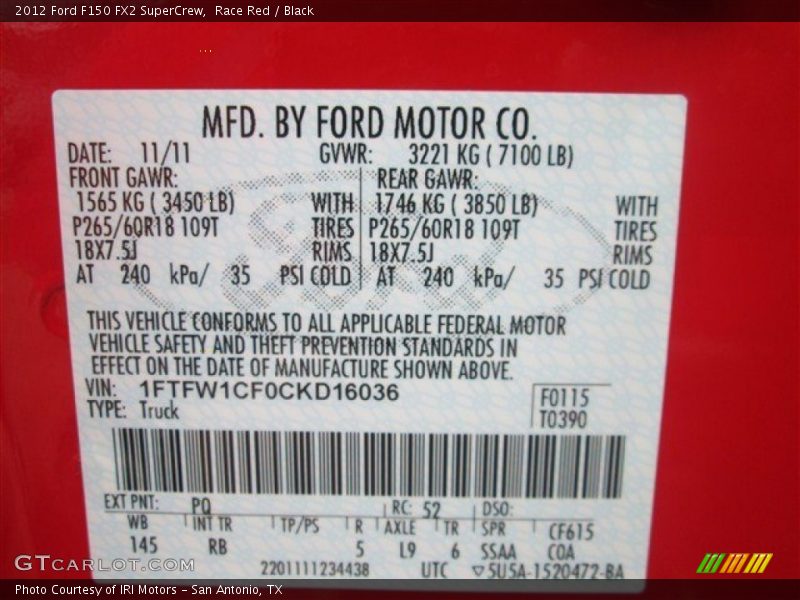 2012 F150 FX2 SuperCrew Race Red Color Code PQ