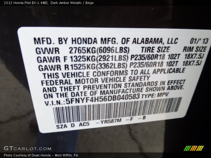 Dark Amber Metallic / Beige 2013 Honda Pilot EX-L 4WD