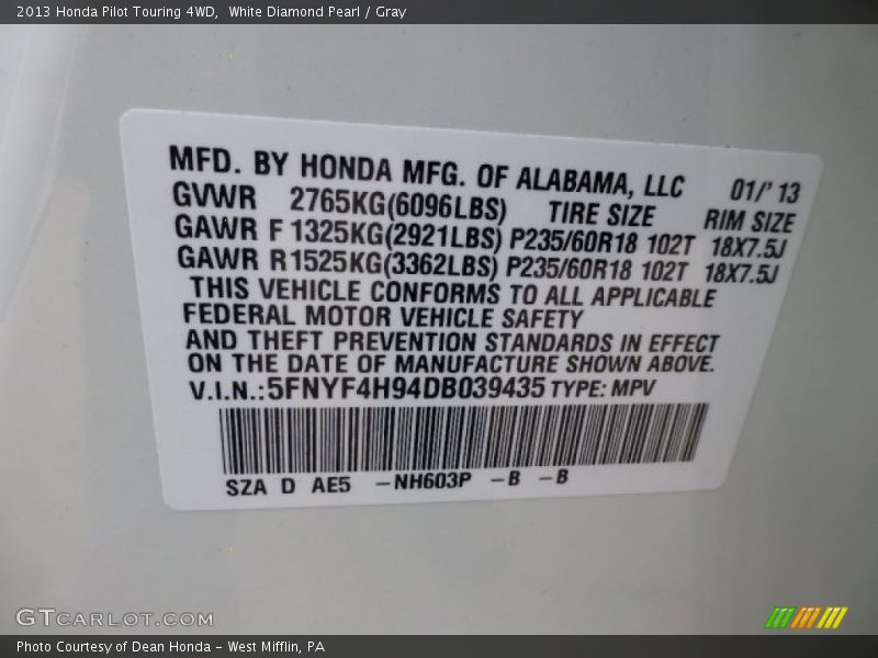 White Diamond Pearl / Gray 2013 Honda Pilot Touring 4WD