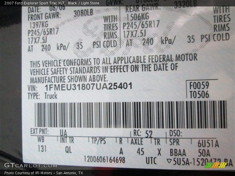 2007 Explorer Sport Trac XLT Black Color Code UA
