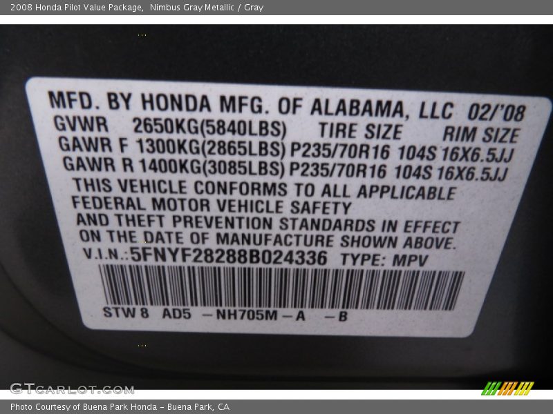 Nimbus Gray Metallic / Gray 2008 Honda Pilot Value Package