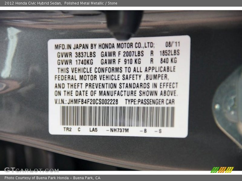 Polished Metal Metallic / Stone 2012 Honda Civic Hybrid Sedan