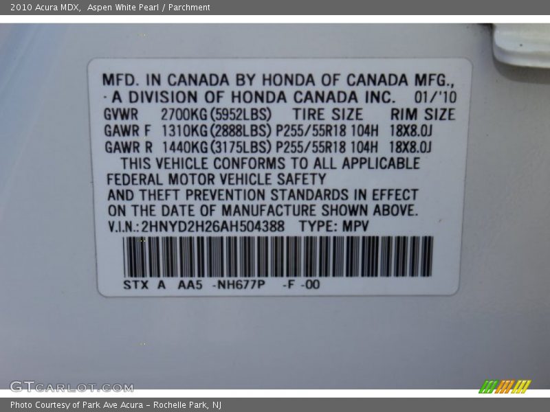 Aspen White Pearl / Parchment 2010 Acura MDX