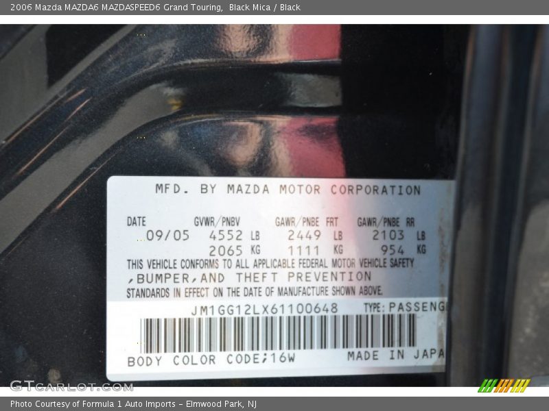 2006 MAZDA6 MAZDASPEED6 Grand Touring Black Mica Color Code 16W