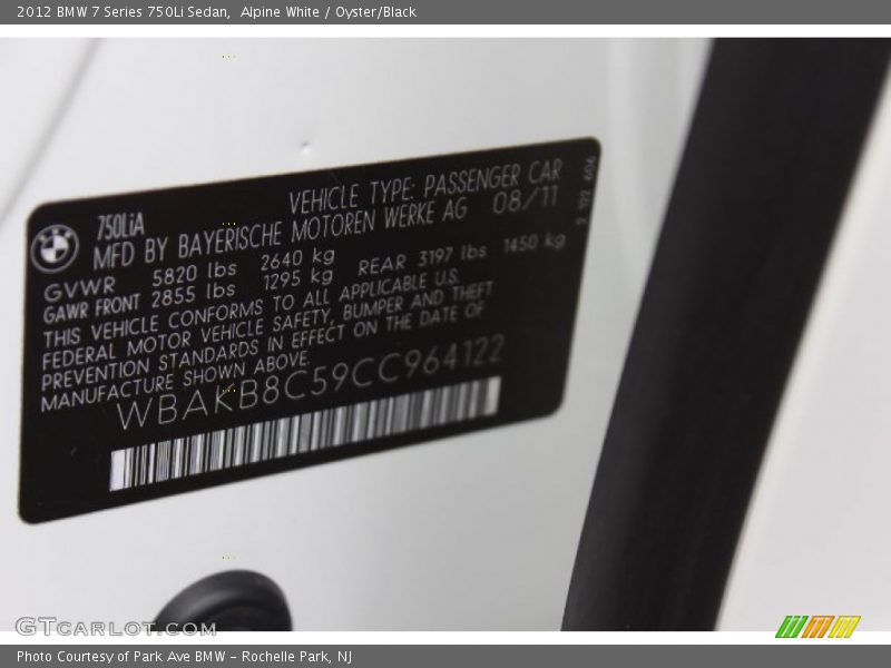 Alpine White / Oyster/Black 2012 BMW 7 Series 750Li Sedan