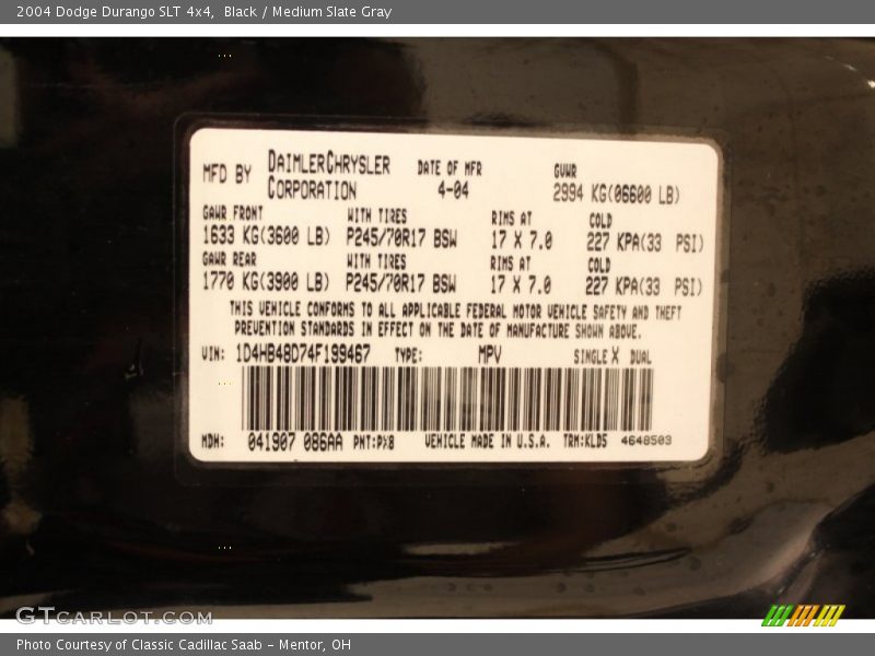 Black / Medium Slate Gray 2004 Dodge Durango SLT 4x4