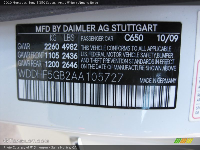 Arctic White / Almond Beige 2010 Mercedes-Benz E 350 Sedan