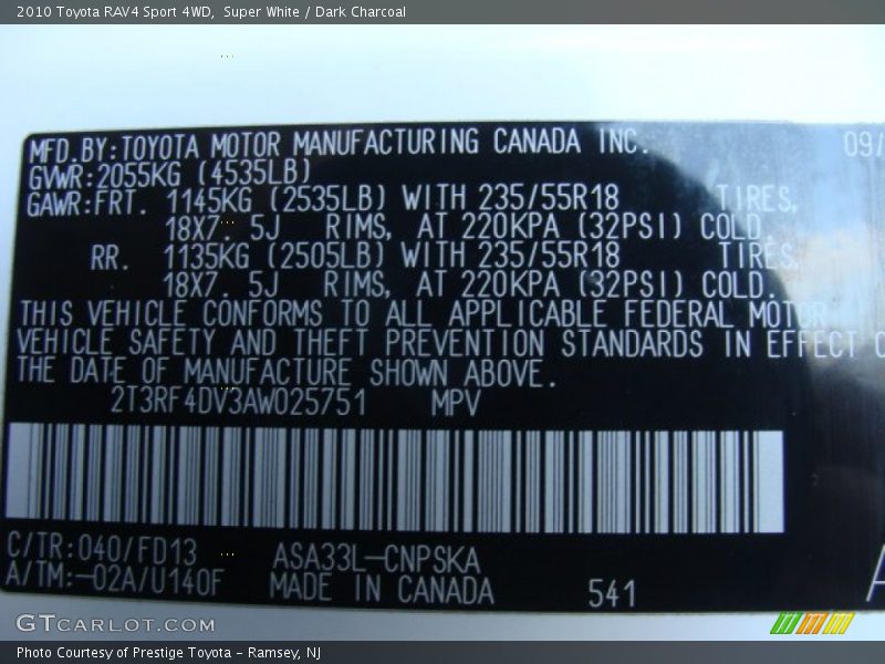 Super White / Dark Charcoal 2010 Toyota RAV4 Sport 4WD