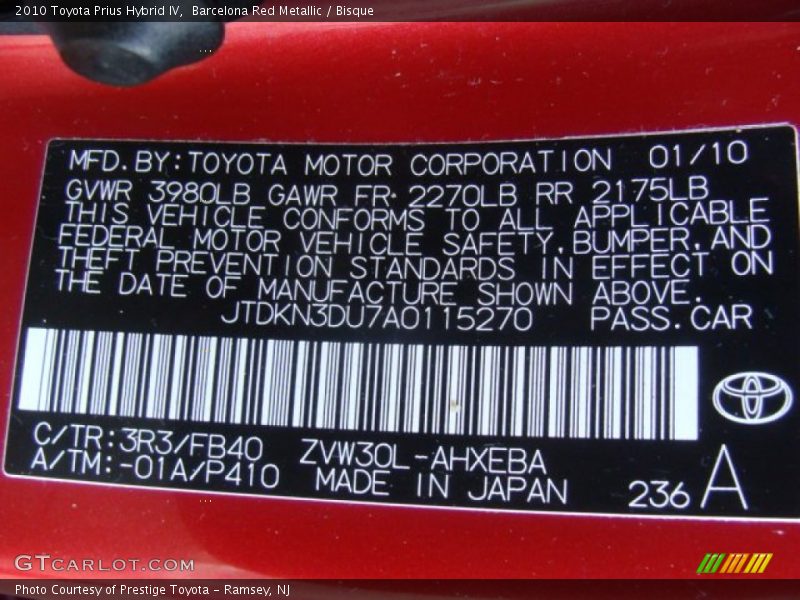Barcelona Red Metallic / Bisque 2010 Toyota Prius Hybrid IV