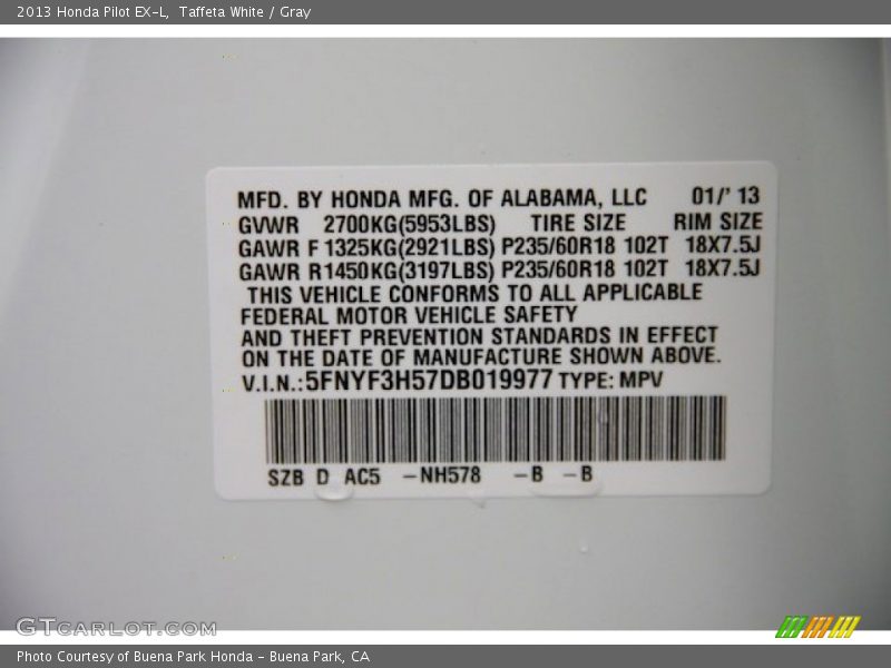 Taffeta White / Gray 2013 Honda Pilot EX-L