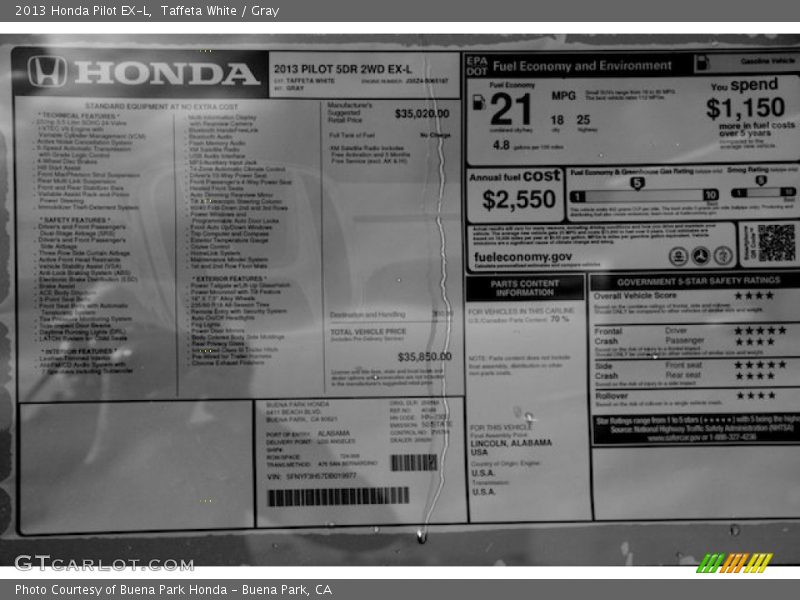 Taffeta White / Gray 2013 Honda Pilot EX-L