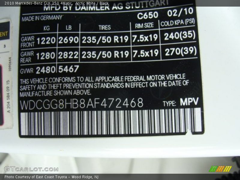 Arctic White / Black 2010 Mercedes-Benz GLK 350 4Matic