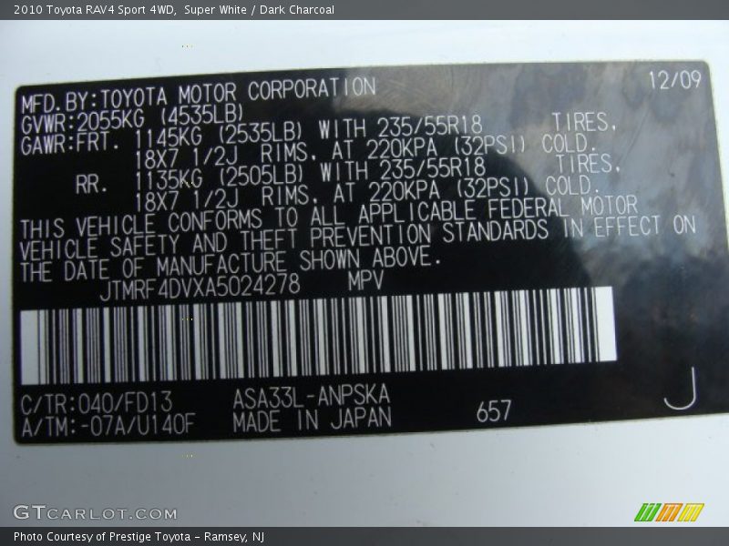 Super White / Dark Charcoal 2010 Toyota RAV4 Sport 4WD