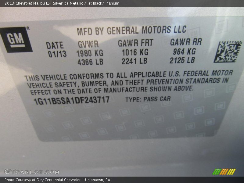 Silver Ice Metallic / Jet Black/Titanium 2013 Chevrolet Malibu LS
