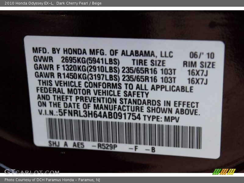 Dark Cherry Pearl / Beige 2010 Honda Odyssey EX-L