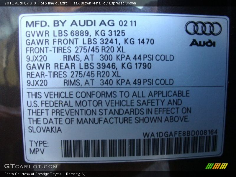 Info Tag of 2011 Q7 3.0 TFSI S line quattro