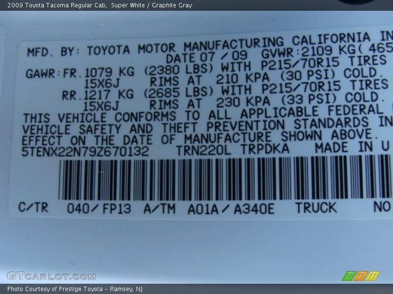 Super White / Graphite Gray 2009 Toyota Tacoma Regular Cab