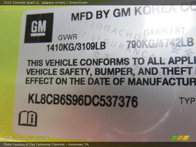 Jalapeno (Green) / Green/Green 2013 Chevrolet Spark LS