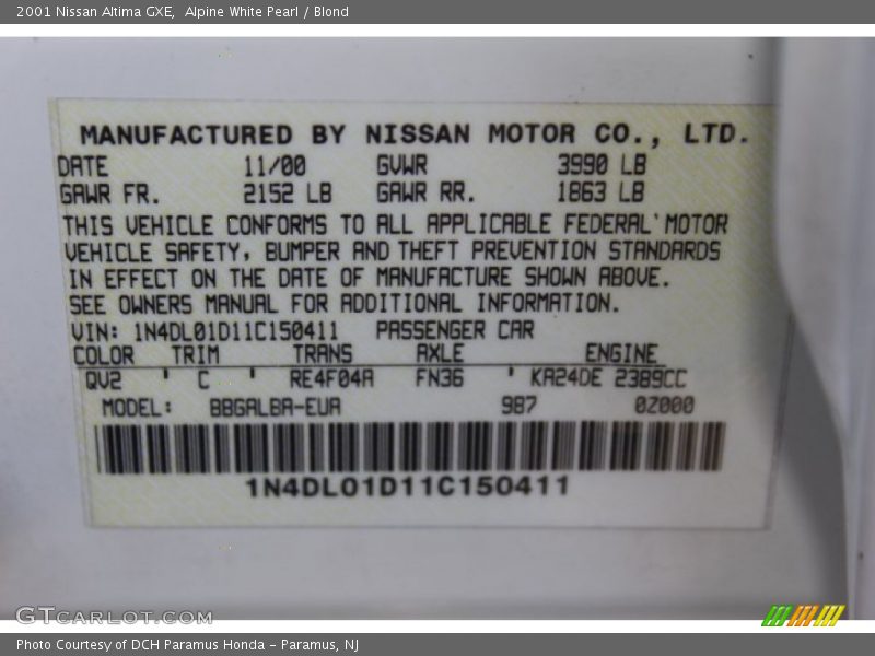2001 Altima GXE Alpine White Pearl Color Code QV2