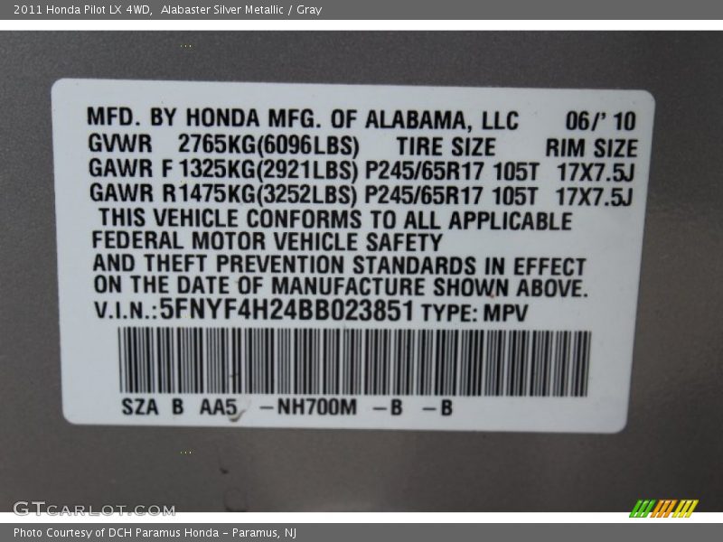 Alabaster Silver Metallic / Gray 2011 Honda Pilot LX 4WD