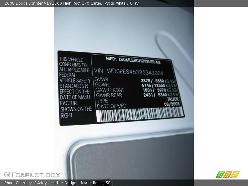 Arctic White / Gray 2008 Dodge Sprinter Van 2500 High Roof 170 Cargo
