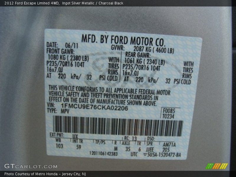 2012 Escape Limited 4WD Ingot Silver Metallic Color Code UX