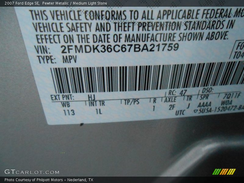 Pewter Metallic / Medium Light Stone 2007 Ford Edge SE
