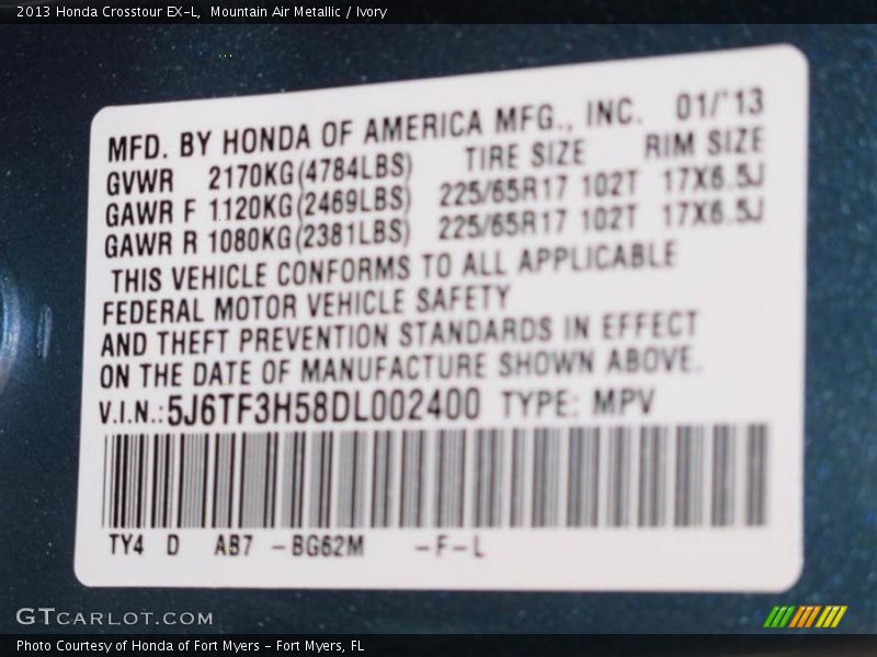 2013 Crosstour EX-L Mountain Air Metallic Color Code BG62M