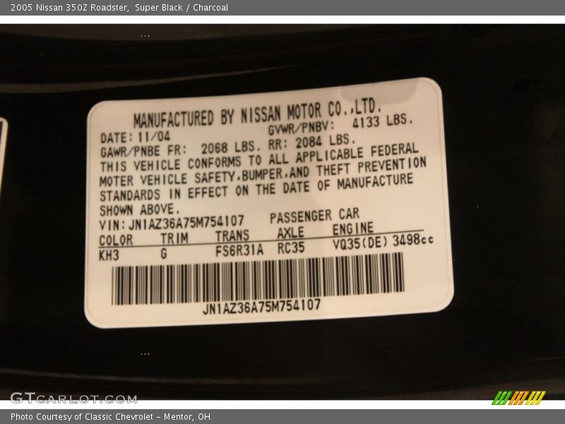 2005 350Z Roadster Super Black Color Code KH3