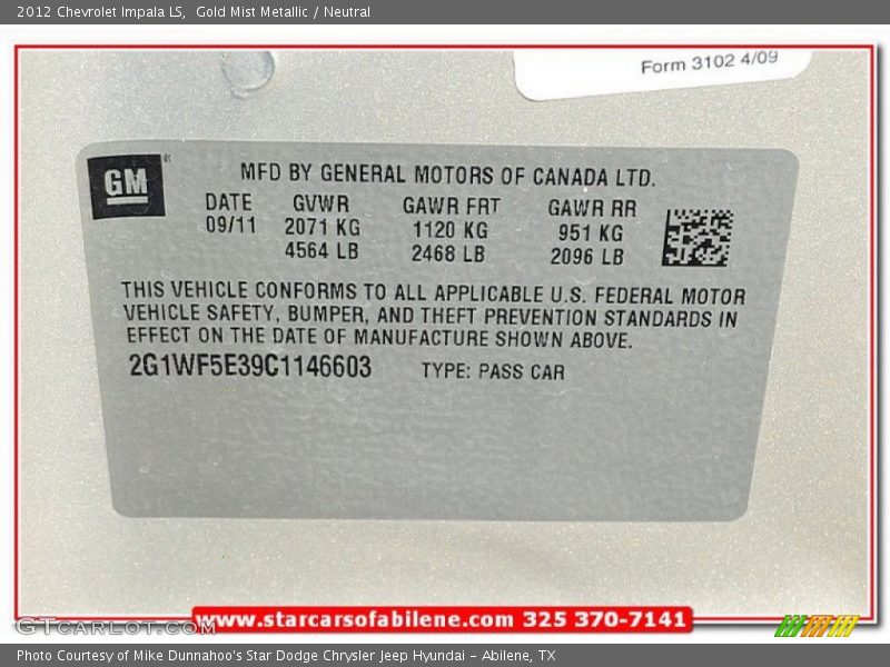 Gold Mist Metallic / Neutral 2012 Chevrolet Impala LS