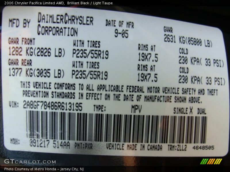 2006 Pacifica Limited AWD Brilliant Black Color Code PXR