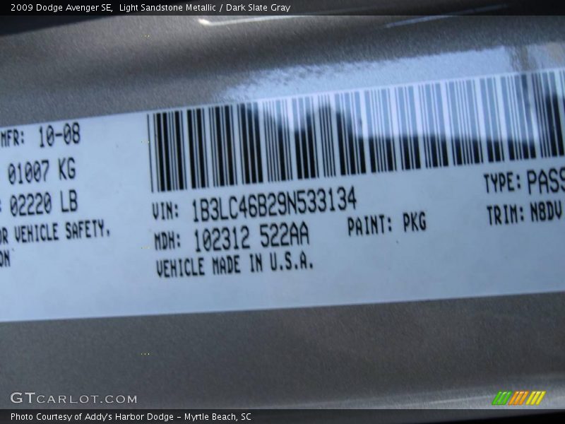 2009 Avenger SE Light Sandstone Metallic Color Code PKG