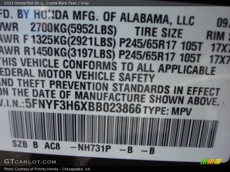 Crystal Black Pearl / Gray 2011 Honda Pilot EX-L