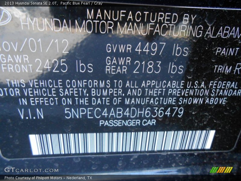 Pacific Blue Pearl / Gray 2013 Hyundai Sonata SE 2.0T