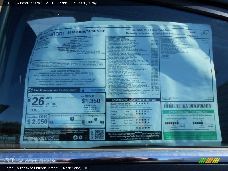 Pacific Blue Pearl / Gray 2013 Hyundai Sonata SE 2.0T
