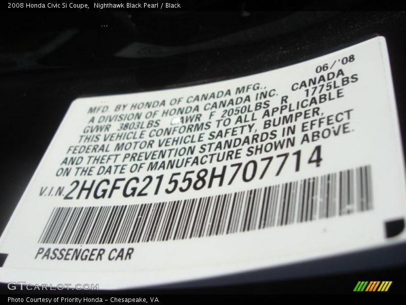 Nighthawk Black Pearl / Black 2008 Honda Civic Si Coupe