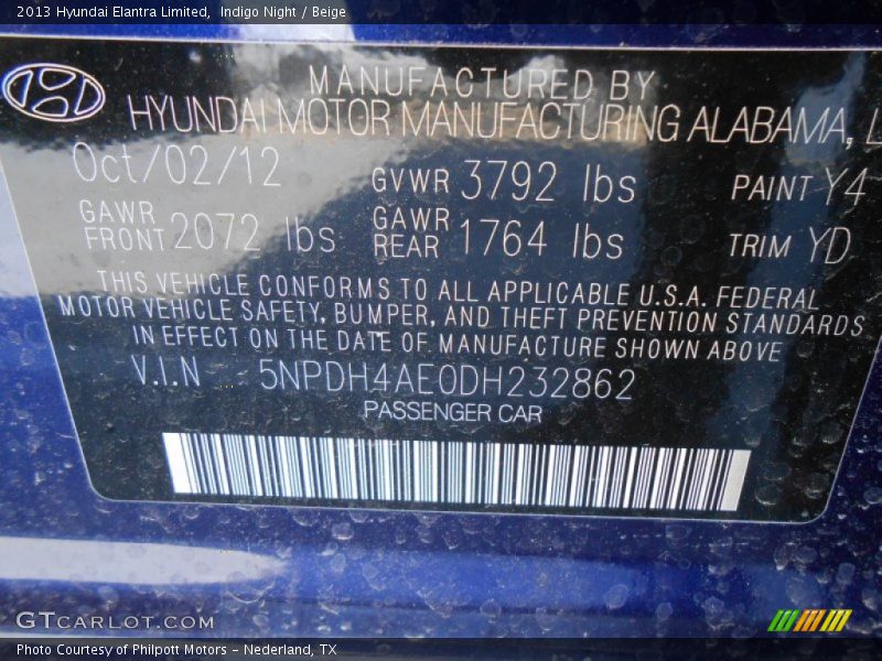Indigo Night / Beige 2013 Hyundai Elantra Limited