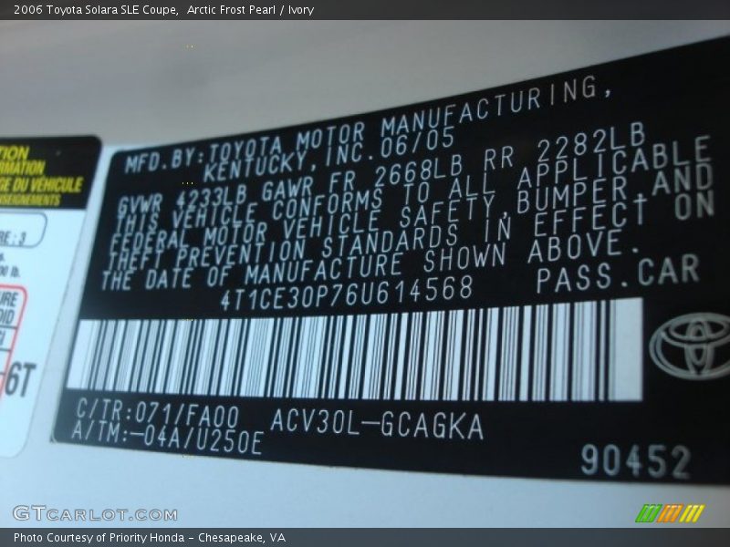 Arctic Frost Pearl / Ivory 2006 Toyota Solara SLE Coupe